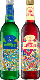 Flasche Pfeffi und Saure Kirsche Mystery Edition mit Rätsel