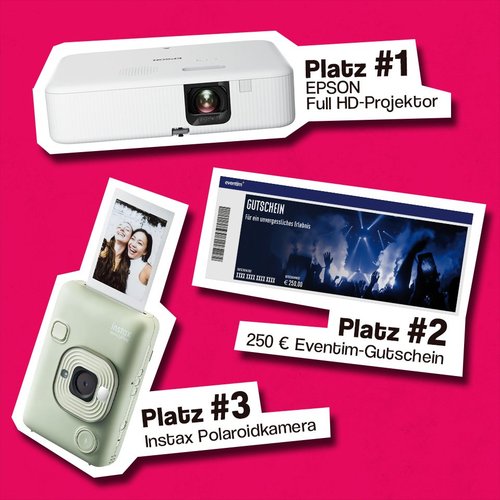 Platz 1 Beamer, Platz 2 Eventim Gutschein, Platz 3 Instax Polaroidkamera