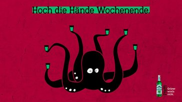 Das Bild zeigt eine schwarze Krake, die in jedem Arm ein Schnapsglas mit grüner Flüssigkeit darin hochhält vor rotem Hintergrund 