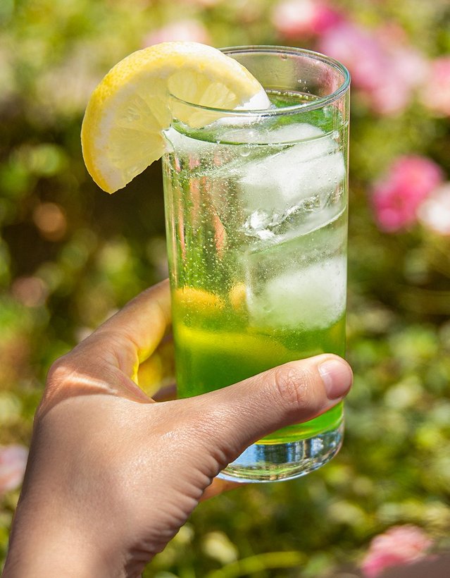 Pfeffi Rezept Pfeffi Twist Das Bild zeigt eine Person mit Pfeffi Cocktail in der Hand vor einem Rosenbusch