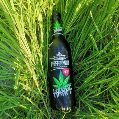 Hanpf Fanbild 4 Das Bild zeigt eine Hanpf Flasche, die im Gras liegt.