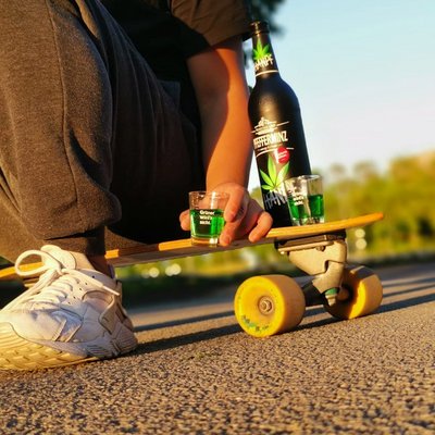 Hanpf Fanbild 3 Man sieht ein Skateboard im Anschnitt mit einer Person, die darauf sitzt. Neben ihr eine Hanpf Flasche mit Pinnchen