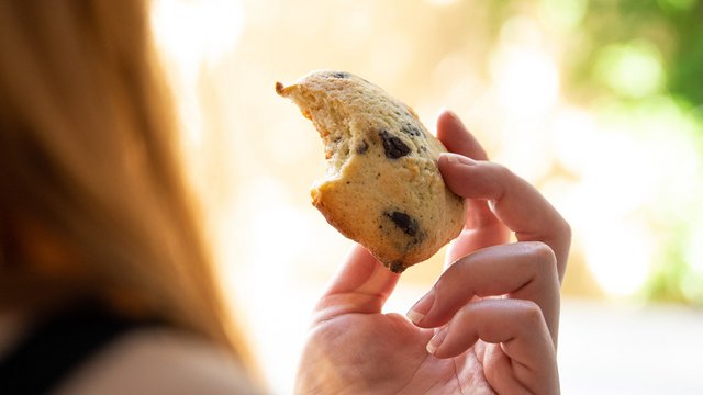 Man sieht eine Hand, die einen Cookie hält, von dem ein Stück abgebissen wurde