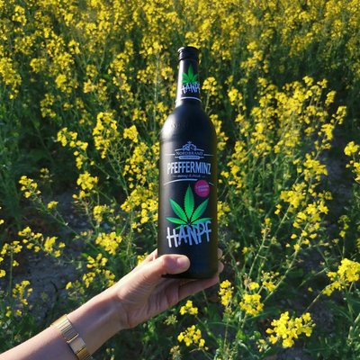 Hanpf Fanbild 2 Man sieht eine Hand, die eine Hanpf Flasche vor einem Rapsfeld präsentiert