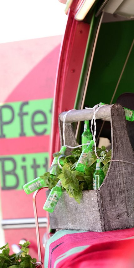 Das Bild zeigt ein Detail des Pfeffibus: Das Seitenfenster mit Blumenkasten und Deko im Anschnitt